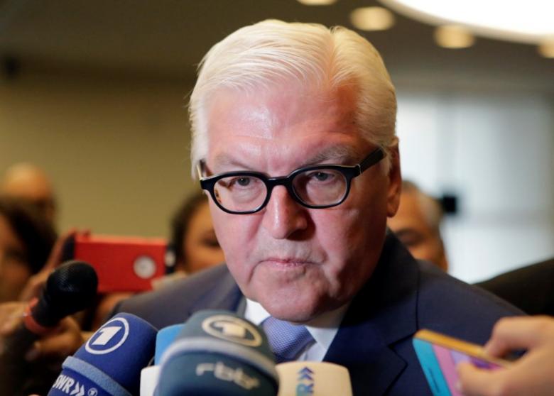 German Foreign Minister Frank-Walter Steinmeier speaks to the media after attending a news conference at the foreign ministry building (SRE) in Mexico City